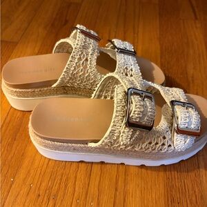 Madden Girl Cream Woven Sandals with Buckle Accents